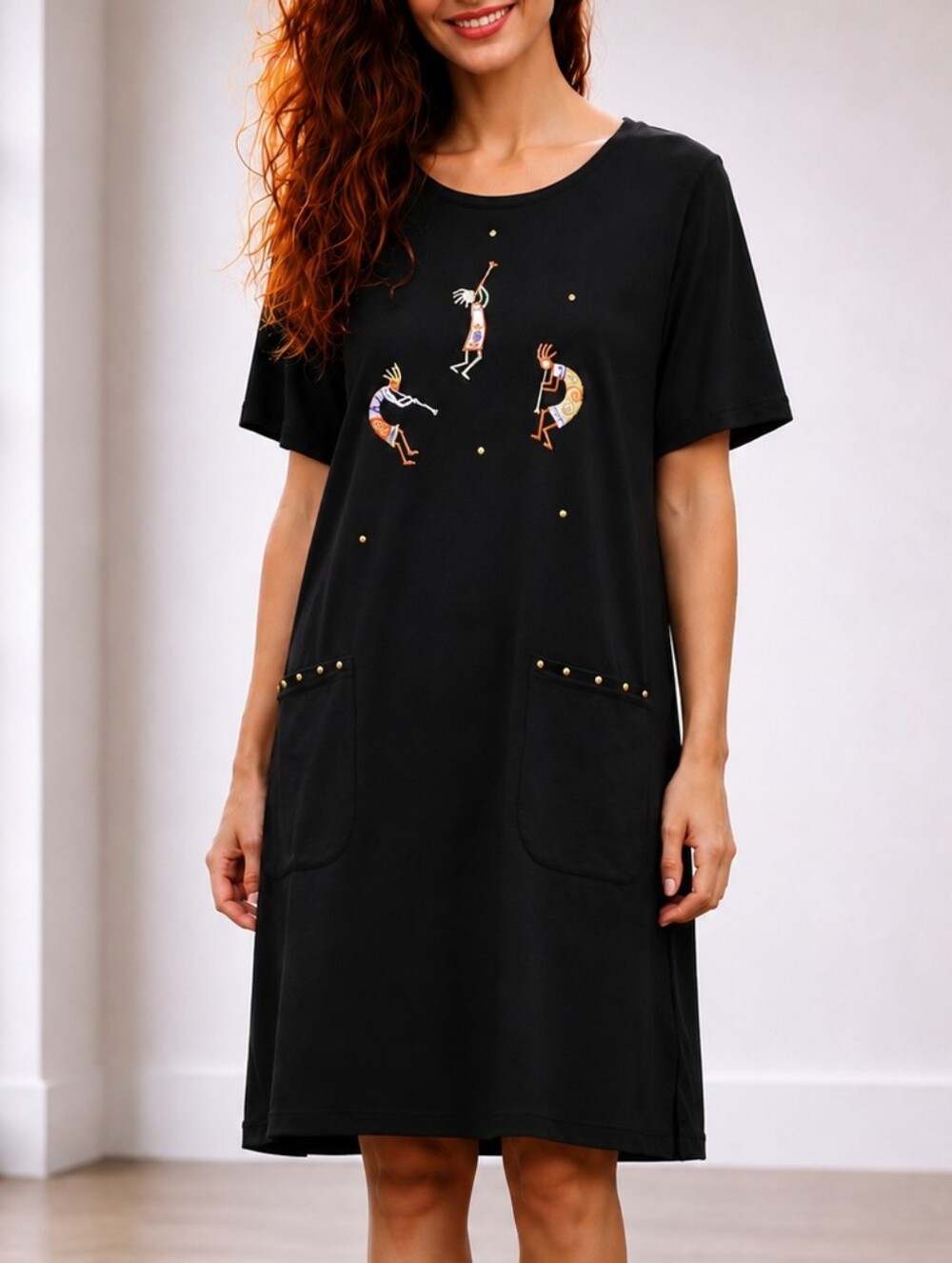 Cactus California Kokopelli Dress Black Southwestern Artsy Studded Pocket Dress